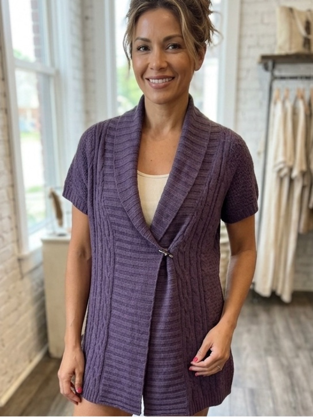 NWT Sonoma Cable-Knit Short Sleeve Shawl Collar Cardigan - Purple